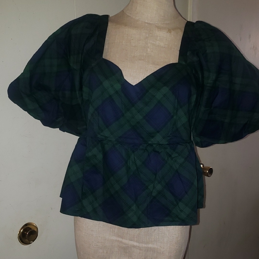 Old Navy Green and Navy Plaid Peplum Puff-Sleeve Blouse